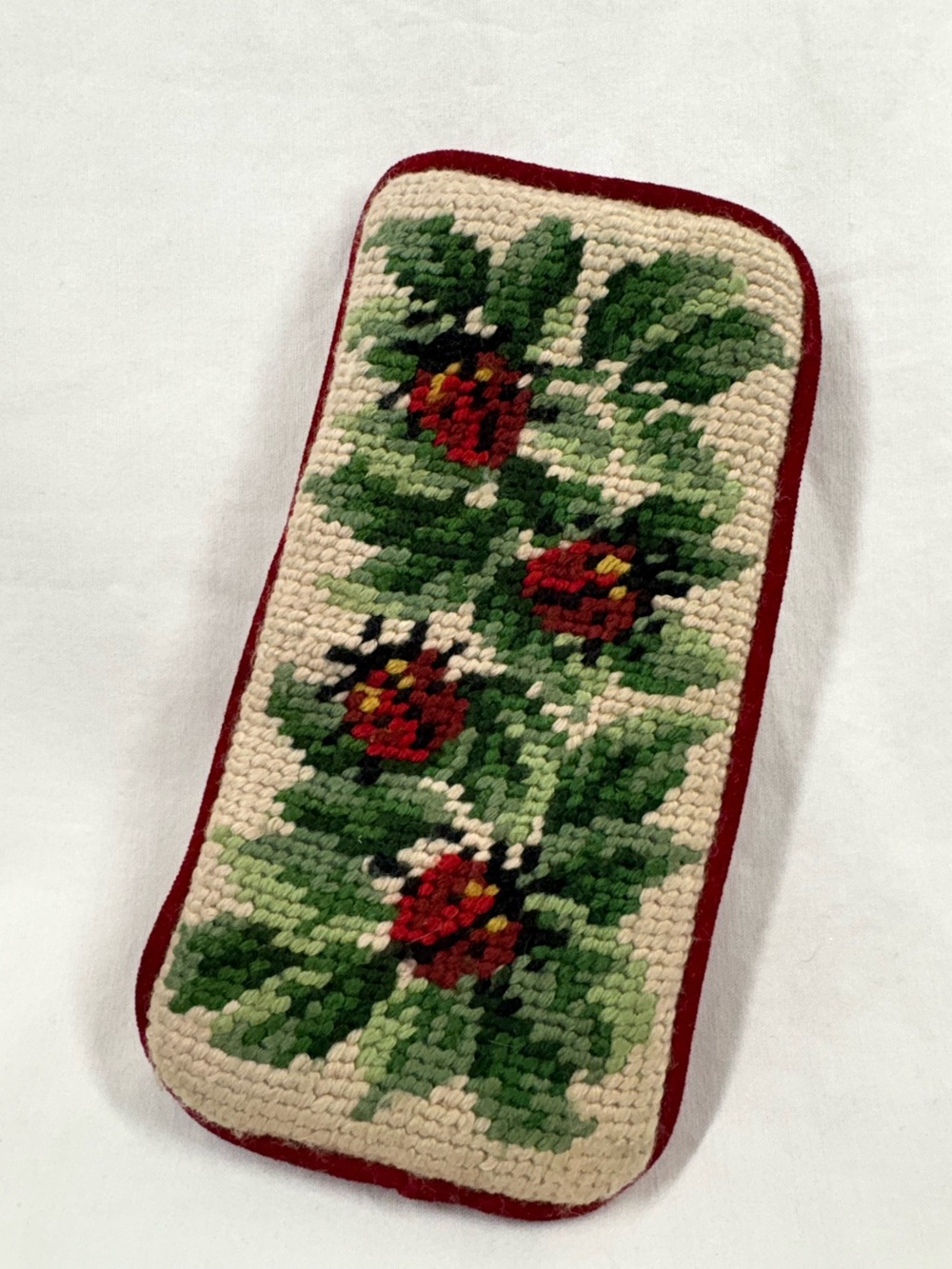 Vintage Stitched Ladybug Eyeglass Case Red Velvet Needlepoint Style
